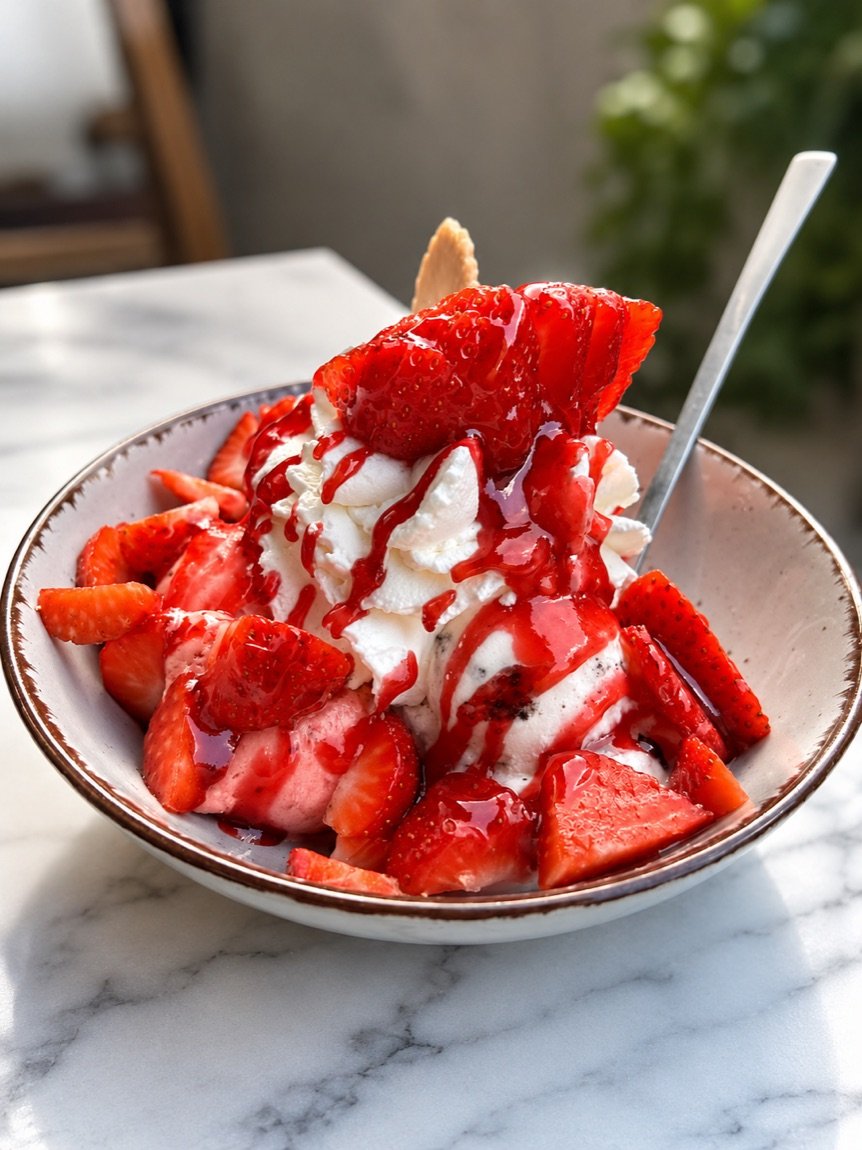 Erdbeer Becher mit frischen Erdbeeren, Sahne und Erdbeersoße