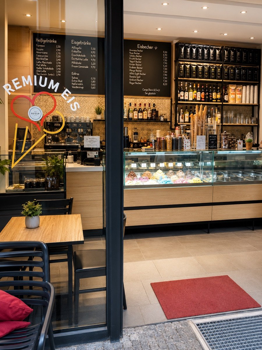 Blick in die Lumia Gelateria: Theke mit Eisvitrine und Espressobar